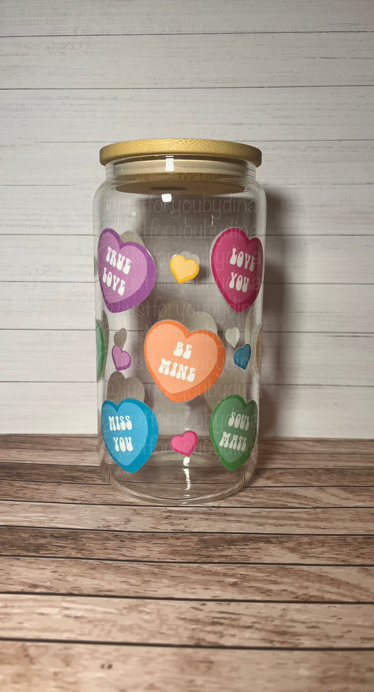 Valentine Candy Hearts Glass Can